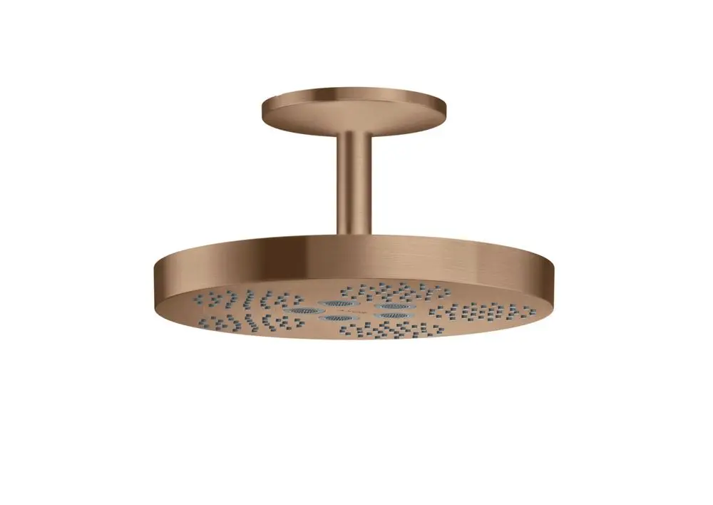 Kopfbrause von AXOR in rotgoldener Optik mit kreisförmigem Design und Deckenanschluss, ausgestattet mit gleichmäßigen Wasserstrahlen für die Duschinstallation.